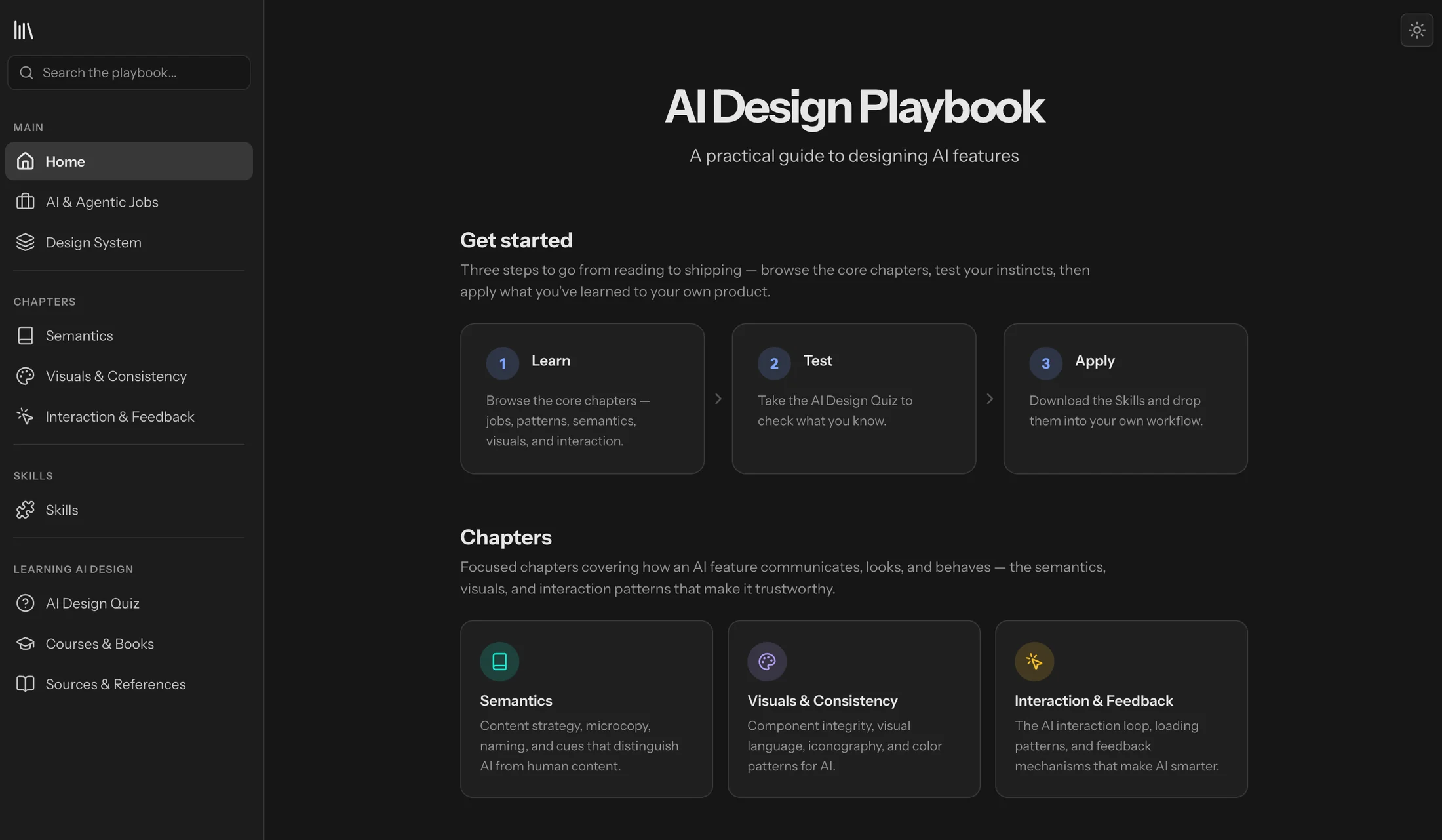 The AI Design Playbook site: chapters for Semantics, Visuals and Consistency, and Interaction and Feedback, alongside AI and Agentic Jobs, a Design System section, Skills, and an AI Design Quiz